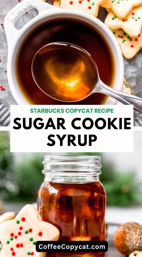 Homemade Sugar Cookie Syrup, Sugar Cookie Simple Syrup, Copycat Starbucks Syrups, Sugar Cookie Syrup Recipe, Cookie Dough Syrup Recipe, Snickerdoodle Coffee Syrup, Sugar Cookie Creamer Recipe, Simple Syrup Flavor Ideas, Sugar Cookie Cold Foam Starbucks