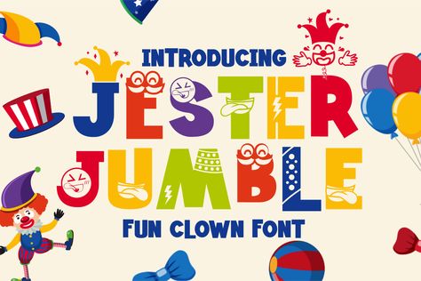 Jester Jumble – Fun Clown Font by PutraCetol Studio Clown Font, Typography Fonts Alphabet, Quirky Characters, The Jester, Decorative Fonts, Luxury Font, Poster Fonts, Classic Fonts, Font Graphic