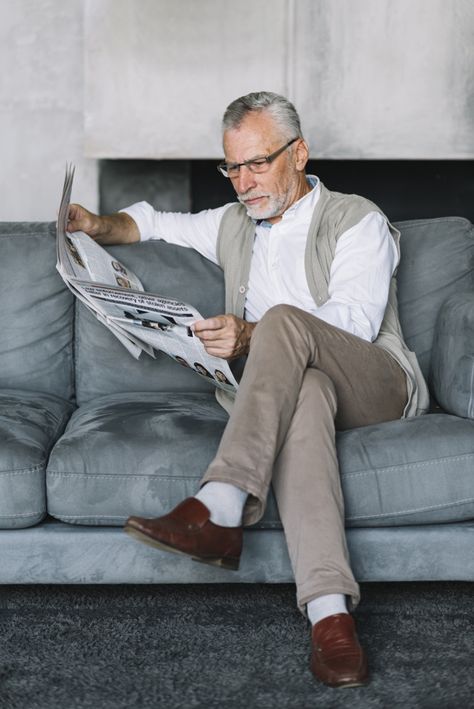 Senior man sitting on cozy sofa with cro... | Free Photo #Freepik #freephoto #people #house #education #paper Sitting With Legs Crossed, Grandpa Fashion, Sofa Drawing, Render People, Reading Newspaper, Mens Photoshoot Poses, Cozy Sofa, Figure Photo, Man Sitting