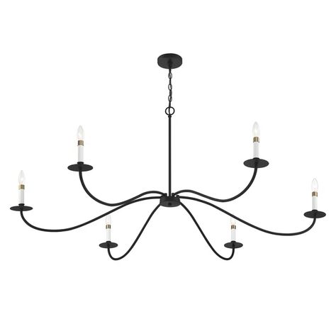 Perfectly proportioned for large spaces, this 6-light chandelier showcases long matte black arms topped by white candle sleeves with subtle brass accents. It's a great classic look for big rooms! 26" height, 60" width. Max 60 watts per bulb, candelabra size C11 bulbs recommended. LED bulb compatible. Supplied with 120" of the chain. Black Chandelier Bedroom, Wayfair Bedroom, Cafe Inspiration, Candle Sleeves, Horse Farm, Candle Chandelier, Traditional Chandelier, Drum Chandelier, Beautiful Chandelier