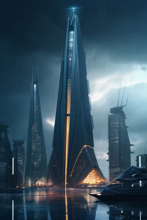 Modern Building Concept Art, Futuristic Tower Concept Art, Futuristic Art Aesthetic, Sci Fi Skyscraper, Science Fiction Architecture, Sci Fi Building Concept Art, Sci Fi Tower, Modern Office Building Architecture, Cyberpunk Architecture