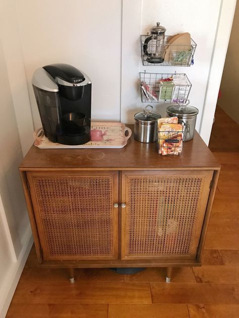 Coffee Station Under Window, Coffee Corner Small Spaces, Coffee Mini Bar, Coffee Bar Apartment Small Spaces, Coffee Bar In House, Coffee Station Cabinet Ideas, Small Coffee Bar Cabinet, Coffee Bar Mid Century Modern, 70s Coffee Bar