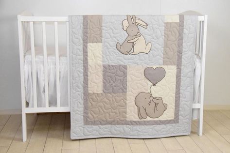 Bunny Baby Quilt, Rabbit Blanket, Bunny Beds, Horse Bedding, Baby Crib Quilt, Baby Boy Bedding, Fiber Art Quilts, Quilt Baby