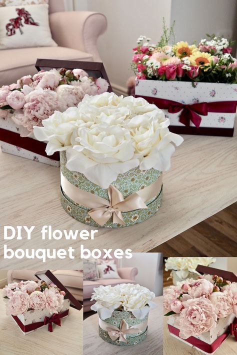 DIY Faux and Fresh Flower Bouquet Box - Dainty Dress Diaries Rose Box Diy, Flower Box Diy, Diy Flower Box, Blooming Box, Boxed Flowers, Flower Bouquet Boxes, Hat Box Flowers, Theme Baskets, Box With Flowers