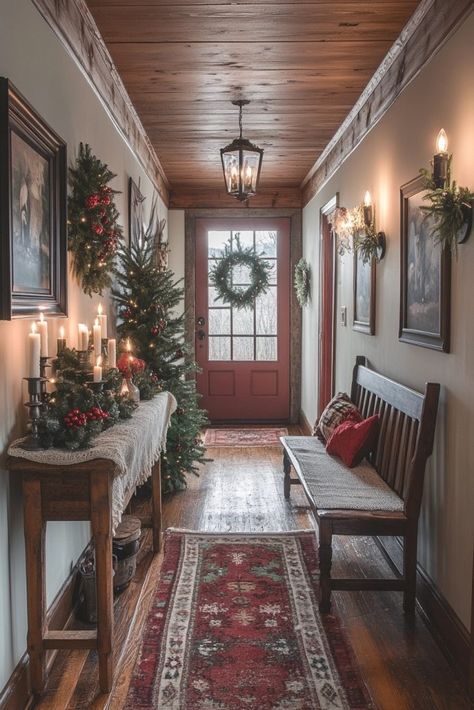 29 Christmas Decorations Rustic Ideas for a Warm and Inviting Holiday Feel 25 Christmas Hallway Ideas, Christmas Bench Decor, Country Christmas Ideas, Homemade Garland, French Country Cottage Christmas, Christmas Banister, Christmas Hallway, Hallway Decoration, Country Christmas Trees