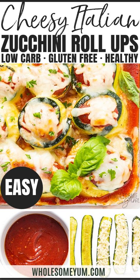 Zucchini Roll Ups Recipe - Zucchini rolls are fun to make and fun to eat! With just 15 minutes prep time, this EASY zucchini lasagna roll ups recipe is perfect for a light, low carb summer meal. #wholesomeyum #keto #ketorecipes #zucchini Zucchini Lasagna Roll Ups, Easy Zucchini Lasagna, Zucchini Roll Ups, Lasagna Roll Ups Recipe, Keto Veggie Recipes, Zucchini Roll, Zucchini Rolls, Recipe Zucchini, Lasagna Roll Ups