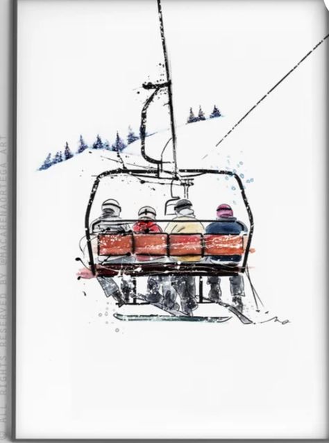 Snowboard Watercolor Painting, Ski Lift Watercolor, Ski Mountain Painting, Ski Hill Painting, Ski Signs, Ski Lift Art Print, Skiing Art, Vintage Ski, City Buildings