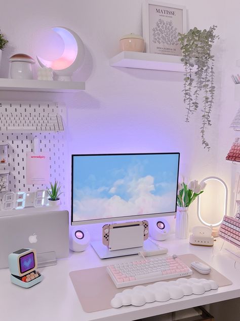 Some small changes to my setup Small Desktop Setup, Clean Girl Gaming Setup, Preppy Gaming Setup, Girly Gamer Setup, Pink Computer Setup, Girly Pc Setup, Small Pc Setup, Girly Desk Setup, 2 Monitor Desk Setup