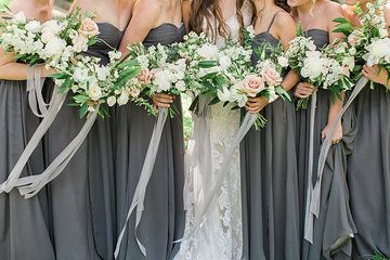 Photo from Sierra + Peter collection by Elate Photo Green and White Bouquets Dark Grey Bridesmaid Dresses, Entourage Gowns, Grey Wedding Decor, Muted Earth Tones, Spring Bridesmaid Dresses, Honeymoon Style, Stunning Bridesmaid Dresses, Grey Bridesmaid Dresses, Long Bridesmaid Dress