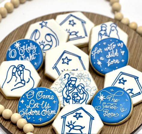 Nativity Sugar Cookies Decorated, Christian Christmas Sugar Cookies, Happy Birthday Jesus Cookies, Manger Cookies Decorated, Christian Christmas Cookies Decorated, Religious Christmas Cookies Decorated, Christian Decorated Cookies, Nativity Decorated Cookies, Nativity Scene Cookies