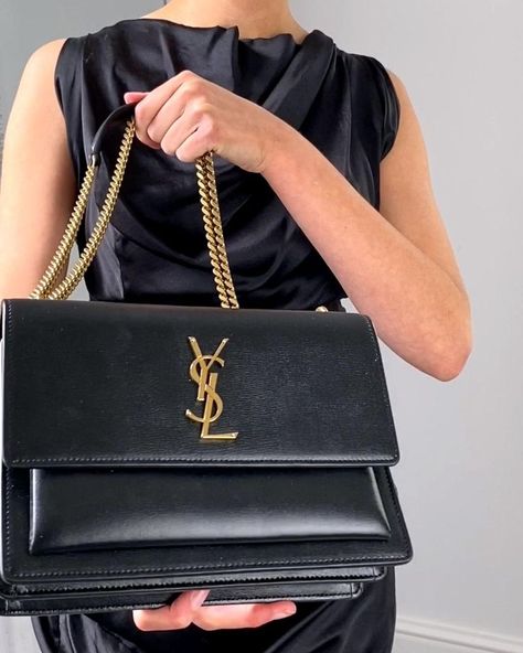 LX Ysl Kate Medium, Saint Laurent Sunset Bag, Classic Designer Handbags, Designer Wishlist, Black Designer Bags, Ysl Purse, Ysl Kate, Bags Video, Designer Evening Bags