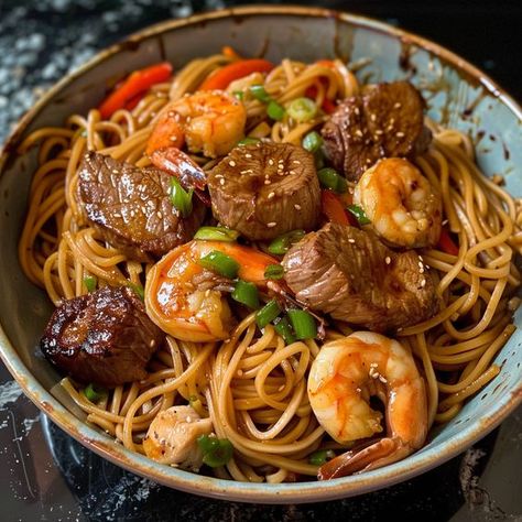 How to Make Steak & Shrimp Teriyaki Noodles – Charm Recipes Steak Tips And Shrimp Recipes, Seafood And Noodles, Steak And Shrimp Noodles, Shrimp And Beef Stir Fry, Steak Shrimp Stir Fry, Steak And Shrimp Recipes Dinners, Shrimp And Steak Fried Rice, Teriyaki Shrimp Recipes, Shrimp And Steak Recipes