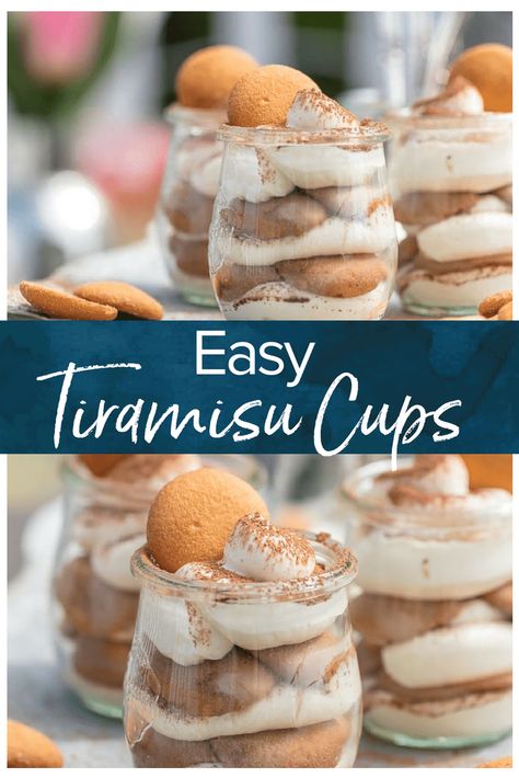 These Easy Tiramisu Cups are made with a secret ingredient, vanilla wafers! This easy tiramisu recipe is perfect for summer parties & BBQs. Easy to make, easy to serve, and easy to eat! #thecookierookie #tiramisu #easydessert #dessert via @beckygallhardin Vanilla Wafer Dessert, Dessert Shooters Recipes, Tiramisu Cups, Easy Tiramisu, Easy Tiramisu Recipe, Mini Dessert Recipes, Mini Dessert Cups, Best Christmas Desserts, Tiramisu Dessert