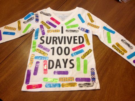 100 days of school Tshirt with 100 colorful band aids. Used vinyl peel and stick letters School Shirt Ideas, 100 Days Of School Project Kindergartens, 100 Day Shirt Ideas, 100days Of School Shirt, 100 Días De Clases, Castlevania Dracula, 100th Day Of School Crafts, Stick Letters, Valentines Day Poems