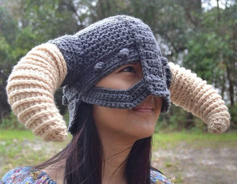 Crochet Skyrim Viking Helmet Crochet Viking Helmet, Crochet Skyrim, Medieval Crochet, Viking Hats, Viking Crochet, Crochet Viking Hat, Crochet Viking, Crochet Character Hats, Crochet Costumes