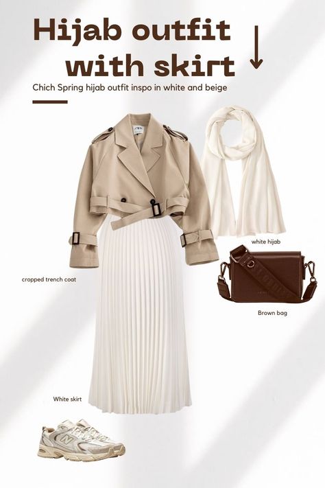 White And Beige Outfit Hijab, Beige Jacket Outfit Hijab, White Skirt Outfit Ideas Hijab, Hijab Skirt Outfit Casual, Autumn Hijab Outfit Ideas, Beige Skirt Outfit Hijab, Hijab Outfit Ideas Skirts, Uni Outfits Hijab, White Skirt Outfit Hijab