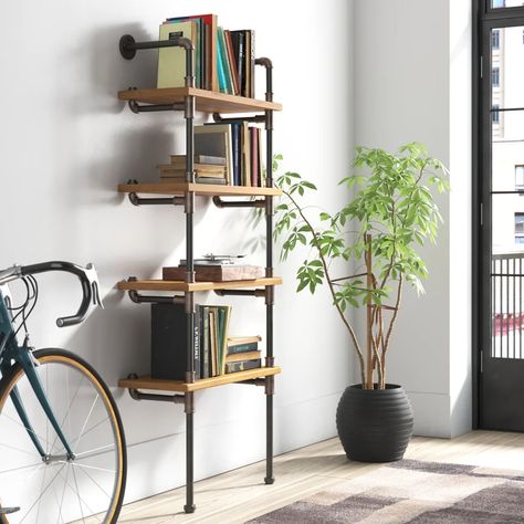 17 Stories Lotte 4 Piece Solid Wood Tiered Shelf & Reviews | Wayfair Tiered Shelf, Industrial Pipe Shelves, Pipe Shelves, Austin Design, Stud Walls, Home Office Setup, Wall Mounted Shelves, Wall Organization, Wood Shelves