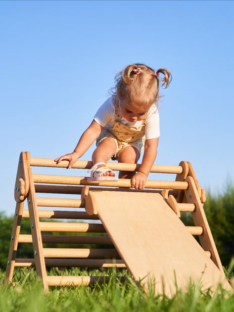 Playgrounds For Kids, Wooden Playground Equipment, Toddler Gym, Montessori Climbing, Wooden Playground, Climbing Triangle, Toddler Climbing, Climbing Ladder, Furniture For Kids