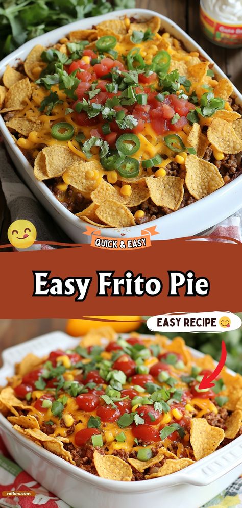 This Easy Frito Pie is a comforting classic with layers of crunchy Fritos, savory chili, and melted cheese. A quick and delicious meal that's sure to satisfy. #FritoPie #ComfortFood #EasyMeals Fritos And Chili, Texas Frito Pie Recipe, Frito Recipes Easy Dinners, Easy Frito Pie, Quick Dinner Sides, Frito Recipe, Frito Pie Recipe, Gameday Recipes, Frito Chili Pie