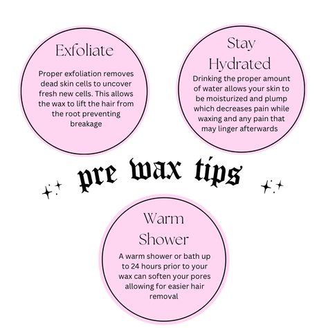 Prewaxing tips Wax Promotion Ideas, Waxing Party Ideas, Waxing Tips For Beginners, Waxing Marketing Ideas, Pre Waxing Tips, Waxing Wednesday Quotes, Christmas Waxing Quotes, Pre Waxing Care, Wax Station Ideas