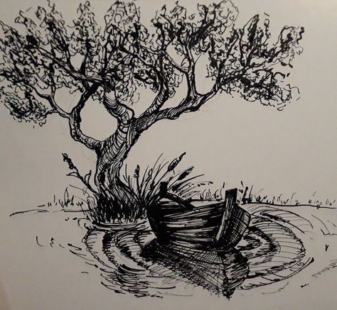 Artist : Sahra Nour Instagram : @cerispink Pen Art Work Landscape, Pen Sketch Landscape, Black And White Landscape Drawing, Landscape Pencil Sketch, Pencil Sketches Landscape, Diy Crafts To Do At Home, Crafts To Do At Home, Canvas Painting Ideas For Beginners, Landscape Pencil Drawings