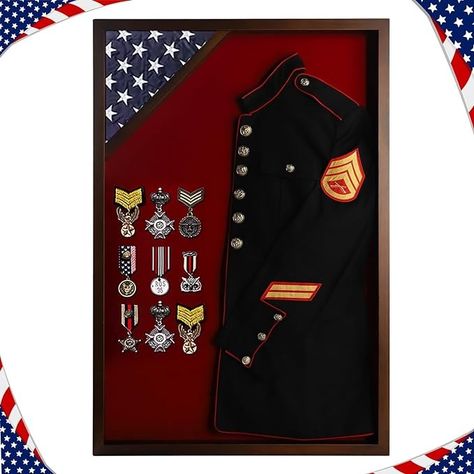 Amazon.com - Flag Display Case Military Uniform Shadow Box Fits a Folded 3'x5' Army Navy Air Force Veterans Home Flown Flag with Police Uniform Jacket Display and Felt Lining for Badges and Medals, Walnut Finish Military Uniform Shadow Box Ideas, Pharmacy Art, Military Ribbons, Flag Display Case, Ribbon Display, Police Uniform, Band Uniforms, Military Pins, Uniform Jacket