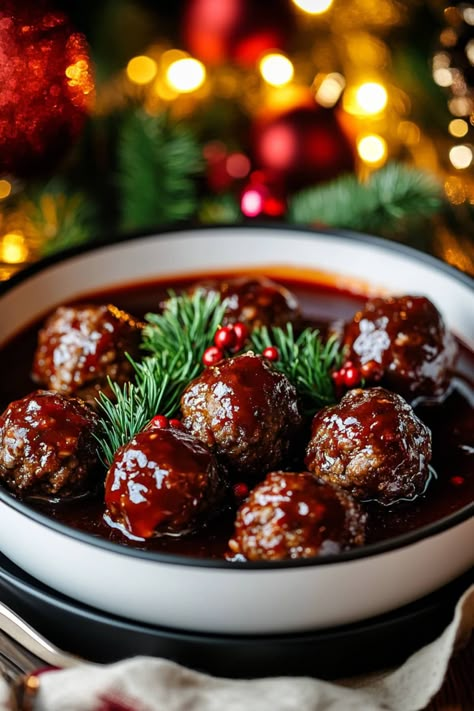 These sweet and savory Christmas meatballs, made with ground beef, port wine, and a rich sauce, are just what you need for your next holiday party! Holiday Meatballs Appetizer Ideas, Holiday Meatball Appetizers, Port Wine Recipes, Meatball With Cranberry Sauce Recipe, Meatball Cranberry Chili Sauce, Wyse Guide Festive Holiday Meatballs, Christmas Meatballs, Impressive Meals, Holiday Meatballs