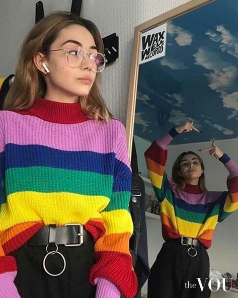 Bohemian Sweater, Egirl Outfits, Rainbow Outfit, Rainbow Sweater, Striped Turtleneck, Indie Outfits, Look Vintage, Mode Vintage, Fall Sweaters