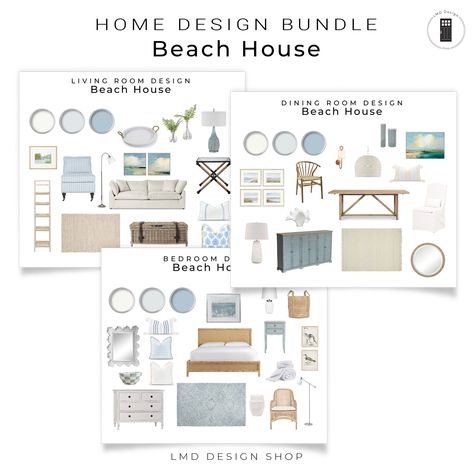 Beach House Design Bundle - Living Room / Dining Room / Bedroom A bundle of professionally designed, shoppable, whole house mood boards, Beach House / Coastal style.  Light and soft shades of blue and white are used for a cohesive, coastal feel -  bringing the beach vibe to your home with a designer look. These mood boards allow you to have a designer look without the designer price tag.  Purchase as much or as little of the design selections as needed to complete your beach house home design. W Beach House Flooring Ideas, Beach House Coastal Style, Beach Style Interior, Coastal Mood Board, Interior Design Beach House, Beach House Dining Room, Coffee Table With Chairs, House Coastal, Beach House Living Room