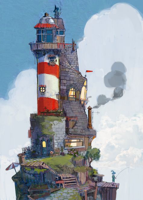 ArtStation - The Brighthouse, Logan cook Cute Lighthouse Drawing, Steampunk House Concept Art, Lighthouse Concept Art, Concept Art Building, Building Concept Art, Lighthouse House, Rumah Minecraft Sederhana, Lighthouse Pictures, Light Houses