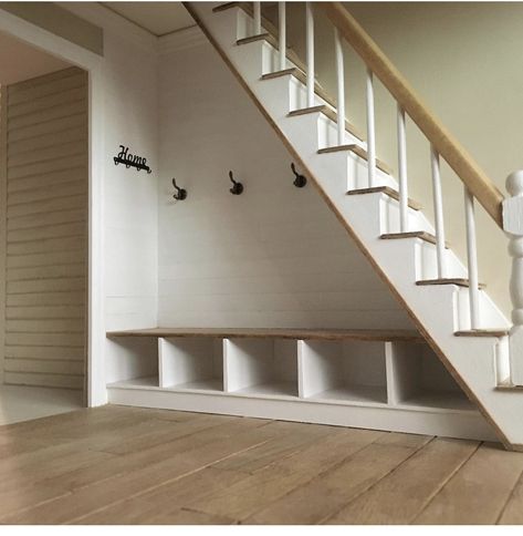 Coat Hanging Ideas Under Stairs, Understairs Entryway Ideas, Hallway Storage Under Stairs, Stair Cubby Ideas, Under Stair Boot Room, Under The Stairs Open Space, Under Open Stairs Ideas Entryway, Mudroom Ideas Entryway Under Stairs, Coat Rack Under Stairs