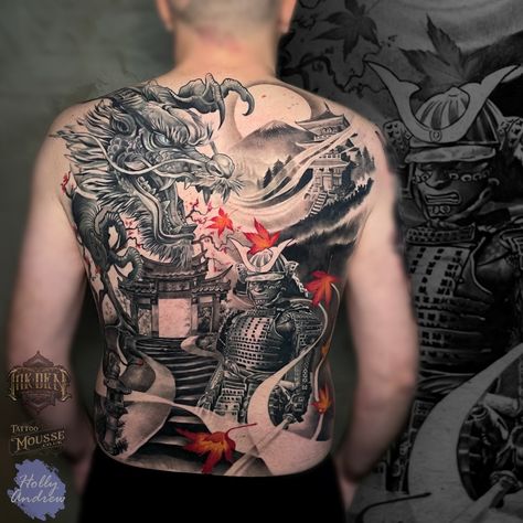 Wow😍 Holly Andrew - Tattoo Artist finally finished off this unbelievable full back piece! After some long sessions, and a very well sitting customer - we are in love with the finished result. Get in touch and get booked in with us! #backtattoo #fullbacktattoo #japanesetattoo #blackandgrey #blackandgreyrealism #realismtattoos #dragontattoo #backpiece #inkden #inkdentattoostudio Full Back Tattoos For Men Japanese, Tattoo Full Back Japanese, Fullback Japanese Tattoo Design, Traditional Japanese Full Back Tattoo, Japanese Dragon Full Back Tattoo, Andrew Tattoo, Full Back Tattoo, Tattoo Japan, Full Tattoo