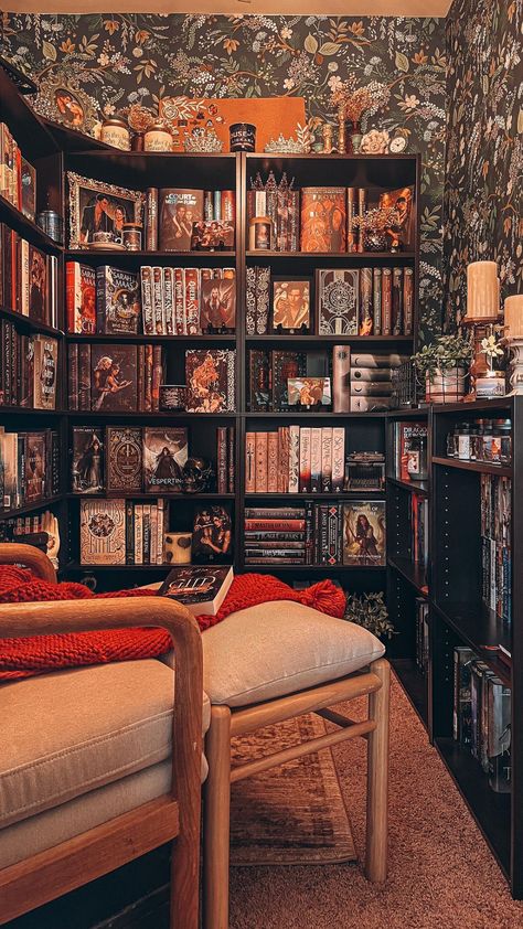 Cass Amsler (@cassamsler) • Instagram photos and videos Closet Glow Up, Cottage Home Library, Closet Library Ideas, Dream Library Cozy, Moody Reading Nook, Moody Library Room, Cozy Book Room, Reading Room Ideas Cozy, Closet Reading Nook