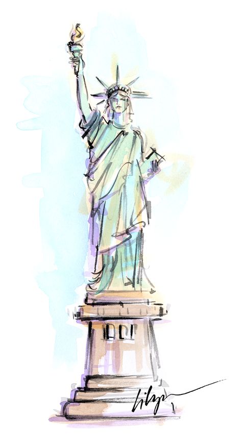 Lady Liberty, NYC for Monica Suma's 'Whimsical Tales of Travel & Lifestyle' blog. xo Liberty Tattoo, New York Illustration, Fashion Travel Outfit, Lady Justice, Atc Cards, Lady Liberty, Scrapbook Printables, Sketches Easy, Travel Tattoo