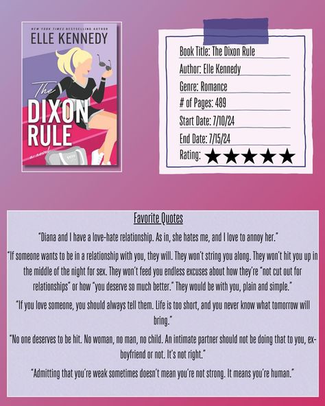 🏒Book Review📣 The Dixon Rule by Elle Kennedy Rating: 5/5⭐️ “Diana and I have a love-hate relationship. As in, she hates me, and I love to annoy her.” Diana does not like Shane at all. Shane loves to get under her skin. Now Shane is Diana’s neighbor. Diana has a lot going on this summer and does not have time to deal with Shane’s antics or her ex who can’t take a hint. When Shane’s ex, who he is still not over, comes to town with her new boyfriend, he asks Diana to be his fake girlfriend.... She Hates Me, Fake Girlfriend, Take A Hint, New Boyfriend, Book Title, Book Review, You Deserve, Bestselling Author, Favorite Quotes