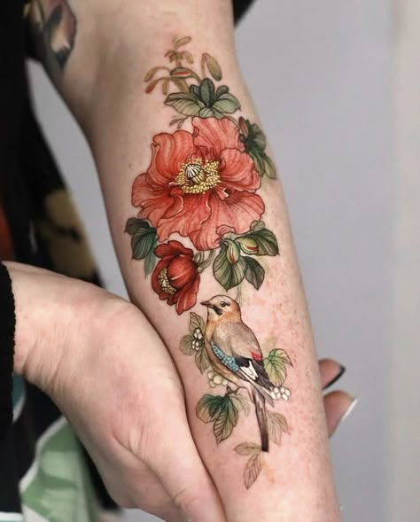 Bird Tattoo Colorful, Color Tattoo Filler Ideas, Colourful Bird Tattoo, Flower Colour Tattoo, Neo Nouveau Tattoo, Flower Bird Tattoo, Art Nouveau Tattoo Sleeve, Neo Traditional Flower Tattoo, Colour Flower Tattoo