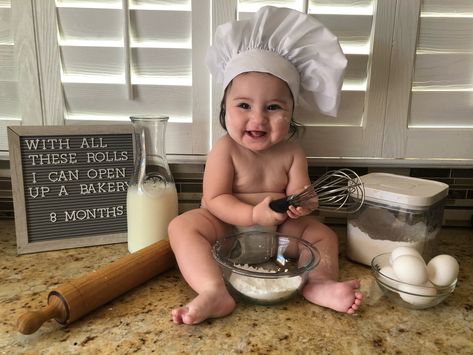 Baby Bakery Photoshoot Pie Smash Photoshoot, 1 Month Old Baby Pictures August, Cookie Photoshoot Baby, Homemade Rolls Baby Picture, 7 Month Milestone Picture Ideas, Diy 7 Month Photoshoot, Cookie Baby Photoshoot, 7 Months Milestones Photography, 100 Foods Before One Photoshoot