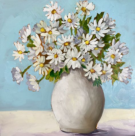 Acrylic Painting Daisies, Daisy Flower Art Painting, Daisy Flower Canvas Painting, Vase Of Daisies, Flowers In Vase Painting, Daisies In A Vase Painting, Acrylic Painting Flowers, Line Art Design, Vintage Poster Art