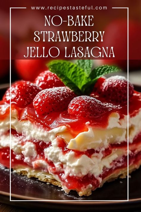 This delightful No-Bake Strawberry Jello Lasagna is a light and refreshing dessert featuring layers of creamy filling, fresh strawberries, and strawberry Jello, all nestled between crunchy graham crackers. It's perfect for summer gatherings and easy to prepare! Strawberry Lasagna Desserts, Strawberry Jello Lasagna, Jello Lasagna, Lasagna Desserts, Strawberry Jello Dessert, Strawberry Lasagna, Jello Desserts, Strawberry Jello, Baked Strawberries