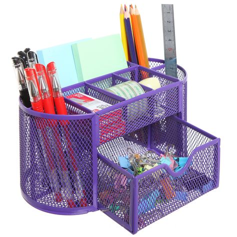 MyGift Space Saving Purple Metal Wire 8 Compartment Office / School Supply Desktop Organizer Caddy w/ Drawer ** Remain to the product at the image web link. (This is an affiliate link). School Supply Caddy, Purple Desk, Purple Office, Amazon Things, Cup Storage, Office Stationary, Accessories Organizer, School Supplies Organization, Pencil Organizer