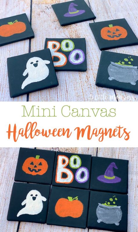 Turn little mini canvases into cute little halloween magnets with a little bit of paint. Halloween Canvas Decor, Tiny Halloween Paintings, Halloween Magnets, Library Crafts, Mini Canvases, Annual Halloween Party, Holiday Canvas, Kids Fall Crafts, Elderly Activities