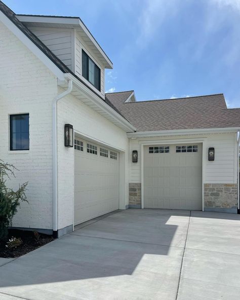 Savannah Feller • Feller House Designs | Such a fan of the colors and materials we used for the exterior of this home. SW Creamy for the brick+siding, and accessible beige on the… | Instagram White House Beige Trim, Alabaster Sherwin Williams Exterior, Accessible Beige Exterior, Beige Exterior House Colors, Sw Creamy, Beige House Exterior, Accessible Beige Sw, Accessible Beige Sherwin Williams, Sherwin Williams Accessible Beige