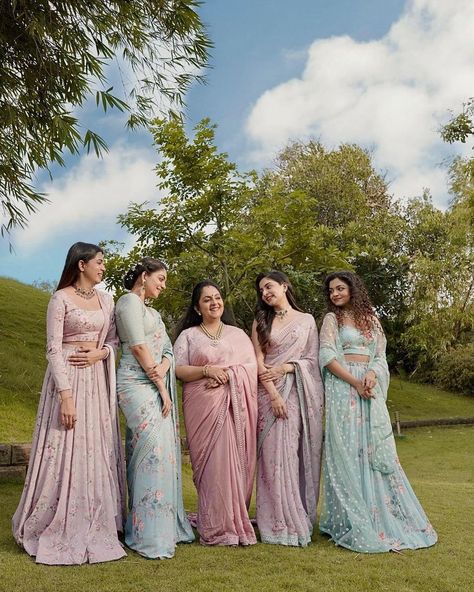 Pastel Desi Wedding, Bride Sister Dress Indian, Pastel Mehendi, Bride Sister Dress, Pastel Sarees, Destination Wedding Attire, Ahaana Krishna, Bridesmaid Indian, Wedding Group Photos