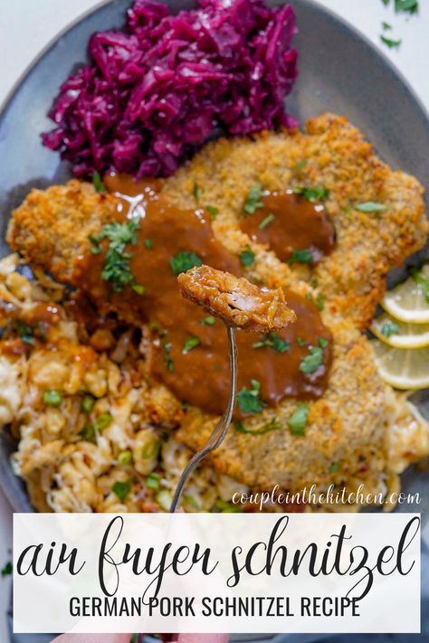 Make a German classic with this air fryer schnitzel recipe! Schnitzel Recipe Pork, Air Fryer Schnitzel, Pork Schnitzel Recipe, Pork Scallopini, Schnitzel Recipe, Ninja Cooking System Recipes, German Food Authentic, Schnitzel Recipes, Recipe Pork