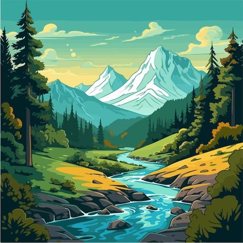 Mountain Poster Illustration, Landscape Vector Art, Mountain Poster, Illustration Art Kids, Mountain Background, Mountain Illustration, Poster Illustration, Nature Art Painting, Marker Art