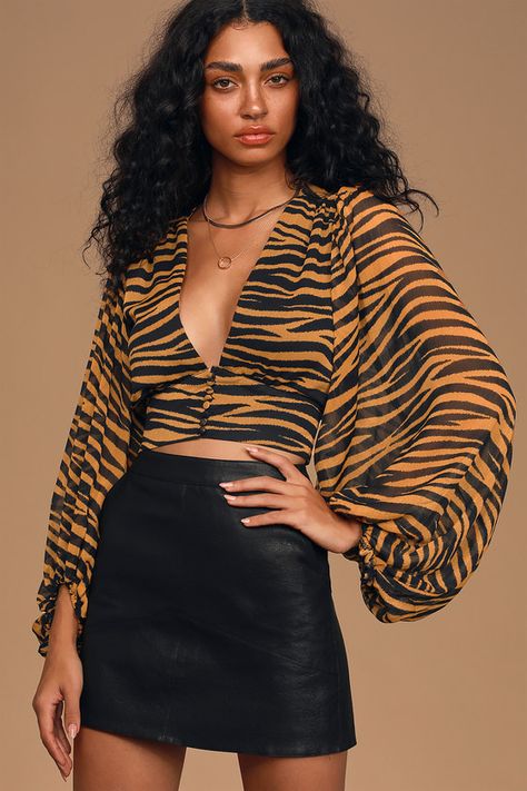 Plunging Tiger Stripe Top - Sexy Crop Top - Balloon Sleeve Top #ad #Stripe, #Affiliate, #Top, #Plunging, #Tiger Backless Tank Top, Animal Print Outfits, Floral Print Crop Top, Black Tiger, Animal Print Shoes, Balloon Sleeve Top, Printed Balloons, Small Crop Tops, Print Crop Tops