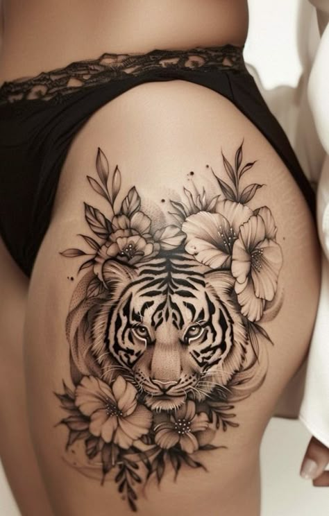 Tiger Tattoos For Women, Tattoo On The Thigh, Tiger Tattoo Ideas, Inner Thigh Tattoos, Traditional Tiger Tattoo, Tiger Head Tattoo, Arrow Tattoos For Women, Delicate Tattoos For Women, Japanese Tiger Tattoo