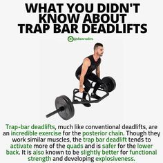 Trap bar deadlifts are one of the best deadlift variations. The angle to which you lift the bar makes them amazing for developing the glutes and also quads while still focusing on the posterior chain including your back and hamstrings. They are arguably better than conventional deadlifts for developing explosive strength which can be transferable to different sports. Trap Bar Deadlift, Bar Exercises, Deadlift Variations, Exercise Moves, Posterior Chain, Body Muscles, Gym Workout Chart, Core Stability, Ju Jitsu