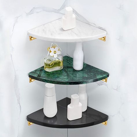 Modern Marble Shelf Wall Mounted Triangle Shower Rack YSQS008 Marble Bathroom Shelf, Marble Shelf Bathroom, Bathroom Wall Shelf Ideas, Green Marble Bathroom, Marble Shelves, Brushed Gold Bathroom, Marble Bathroom Accessories, Marble Products, Bathroom Corner Shelf