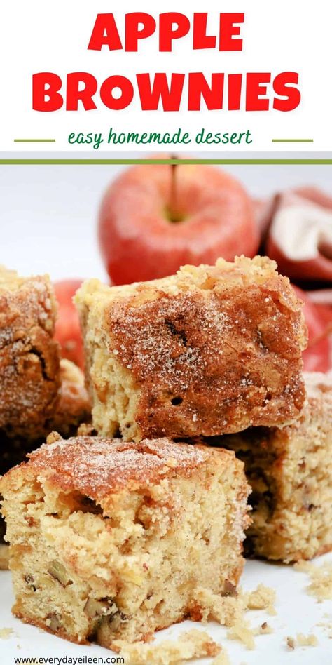 Apple Brownies aka Apple Blondies are tender brownies loaded with fresh apples, cinnamon, and crunchy pecans. Easy from scratch apple brownies are the perfect recipe for all to enjoy. A great dessert fall dessert. Perfect for Holidays, tailgating, family parties. Apple Brownies, Quick Apple Dessert, Dessert Fall, Apple Blondies, Easy Homemade Desserts, Mouthwatering Desserts, Apple Desserts Easy, Apples Cinnamon, Friends Recipes